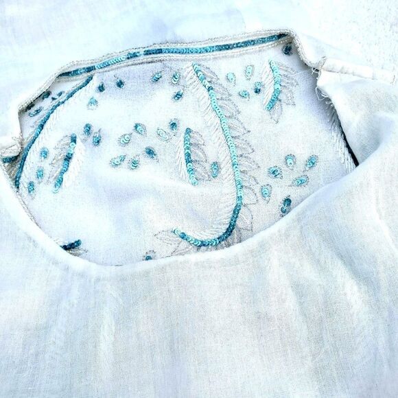 Beaded Sequin White Top S  Sleeveless Blue Turquoise 90s India Sirenscape - Picture 11 of 11